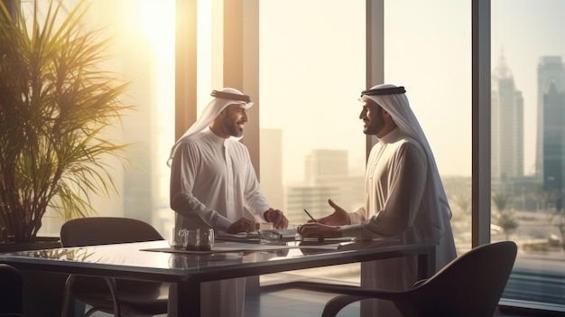 two arab businessmen at desk having a business meeting in modern office premium ai generated image